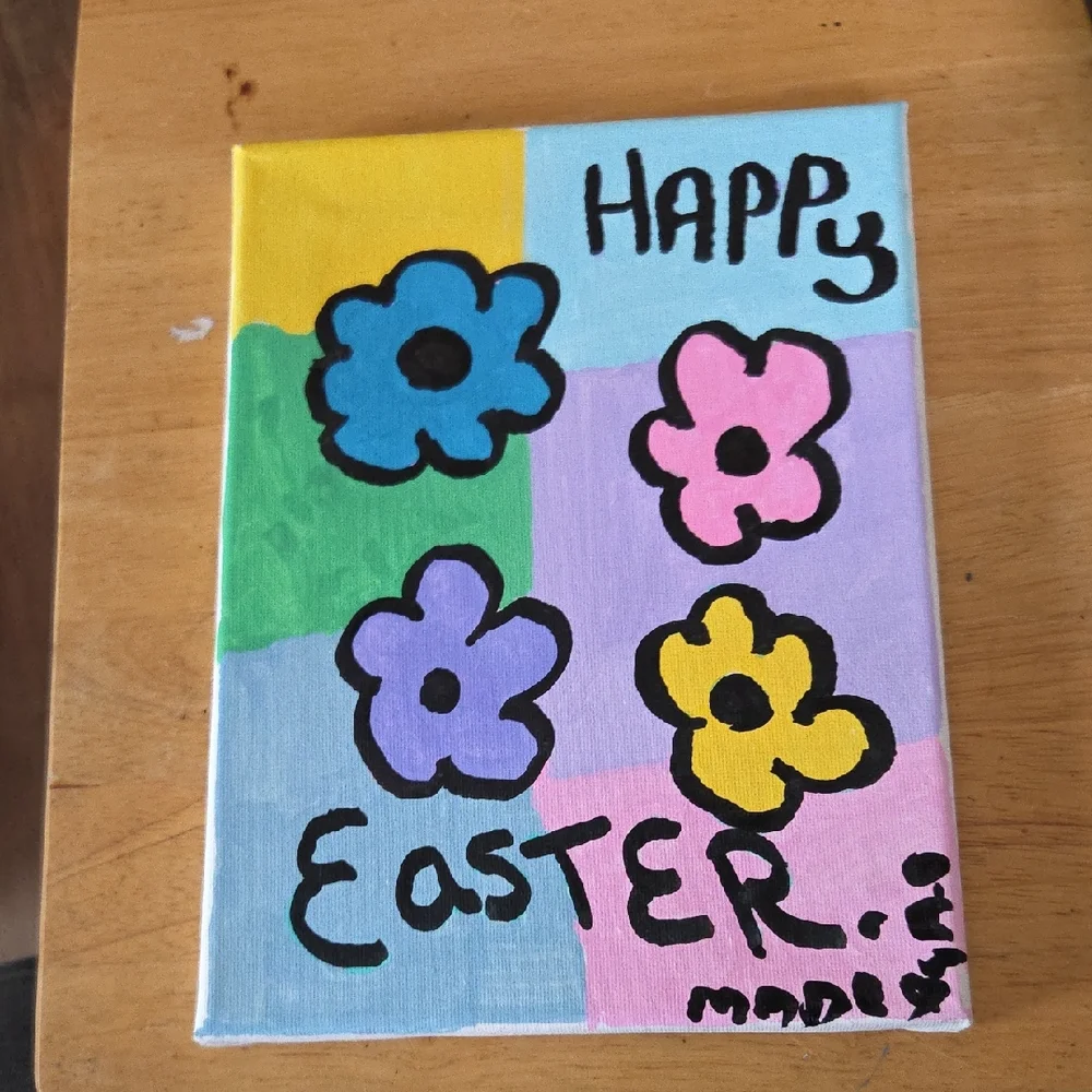 Happy Easter Floral Canvas Wall Art - Pastel Colors - Picture 1 of 1